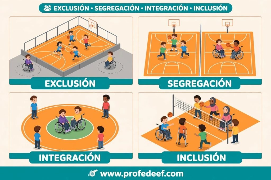 Infografía de los niveles de inclusión en educación física: exclusión, segregación, integración e inclusión